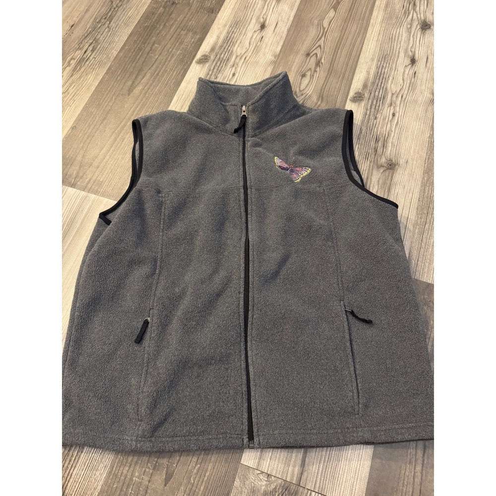 LL Bean Men's /woman's Fleece Vest Large Gray Butterfly Embroidered Full Zip